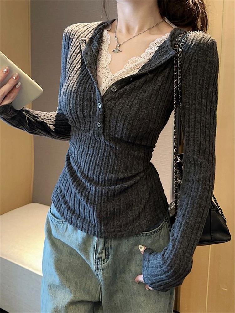 Winter Clothing Aesthetic - Kadın Üst Dantel Patchwork Uzun Kollu