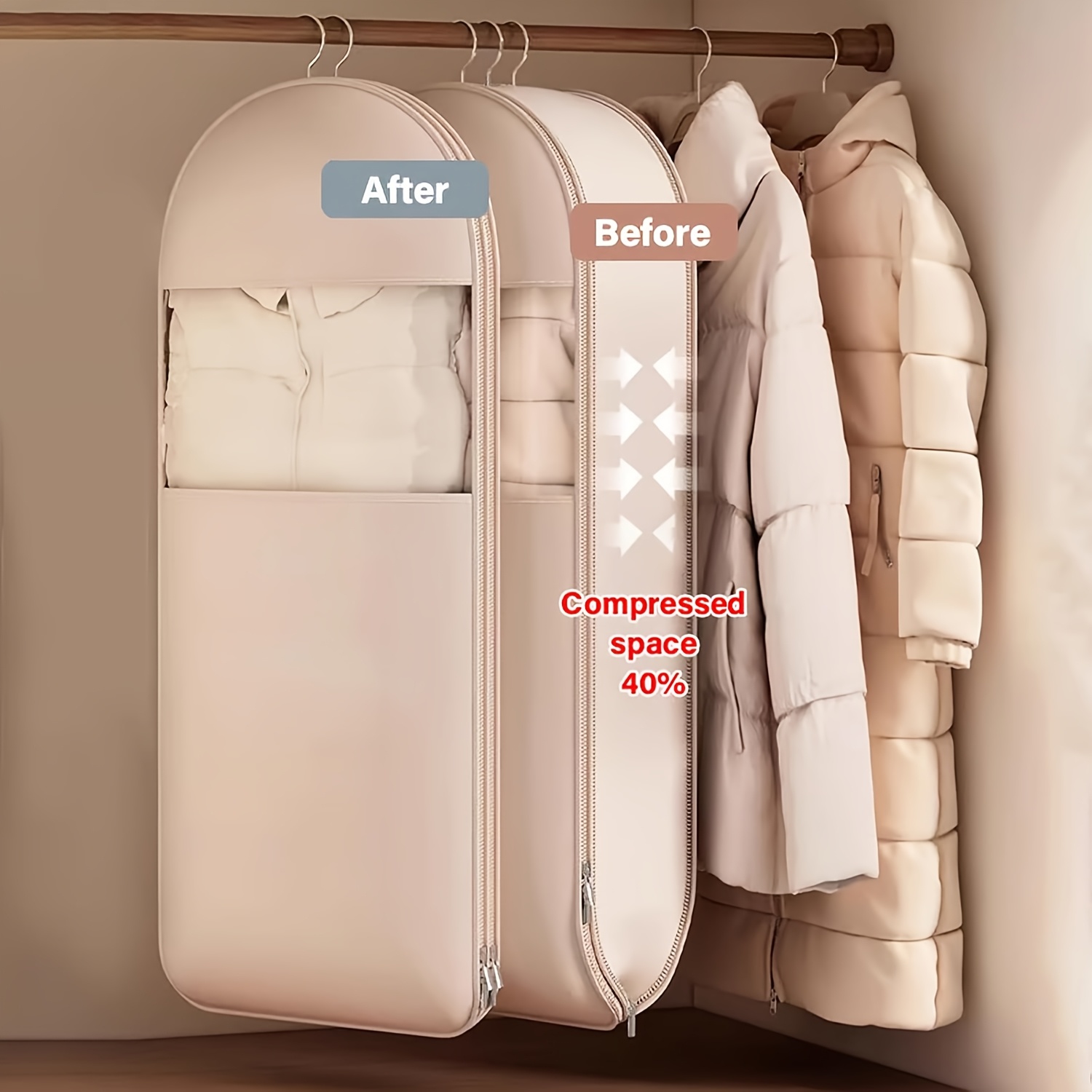Winter Clothing Storage - Bej Renkli Sıkıştırma Askılı Çanta, %40